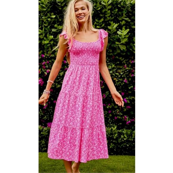 Lilly Pulitzer Dresses & Skirts - Lilly Pulitzer Size XL Jilly Smocked Midi Dress Aura Pink Check You Out Floral